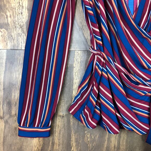 Ann Taylor Womens Blouse Multicolor Striped Belted Ruched Wrap Plunge Neck L - Picture 3 of 12